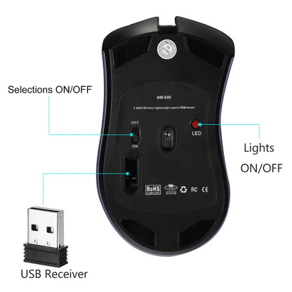 Wireless Mouse Gaming Rechargeable Optical Mouse Cordless 7 Color LED Backlit PC